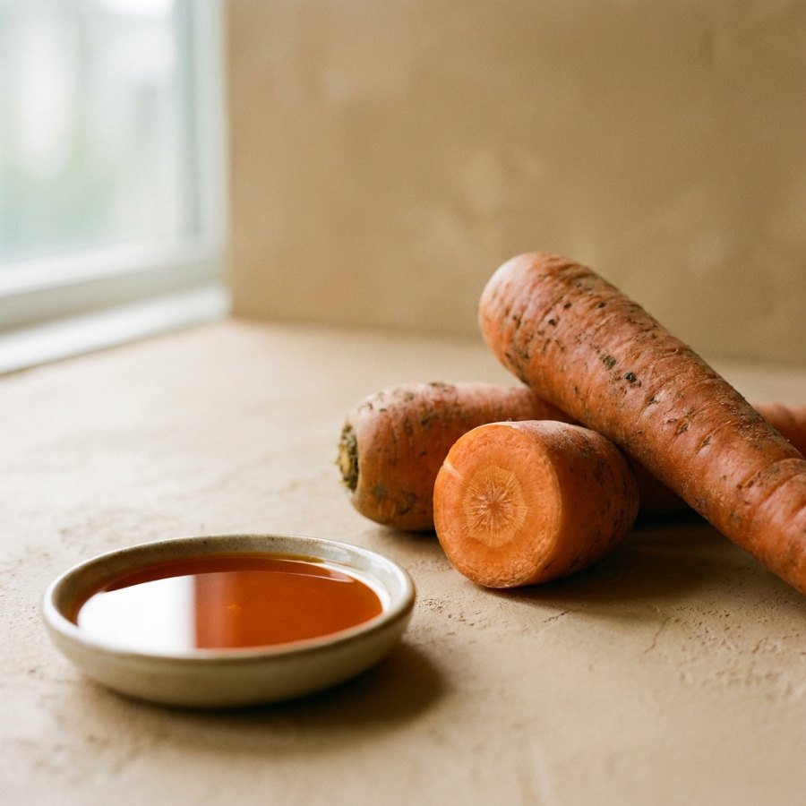 Carrots beside a dish of cold-pressed carrot oil